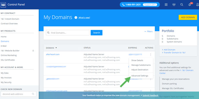 1and1 My Domains