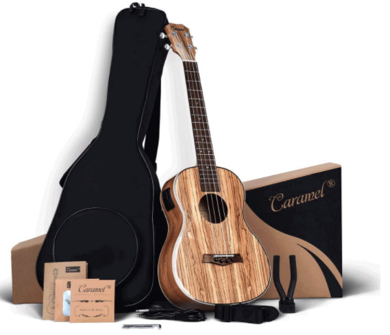 Strap and EQ cable Caramel CB207 Acacia Baritone Acoustic Electric Ukulele with Truss Rod with Additional Strings Padded Gig Bag 