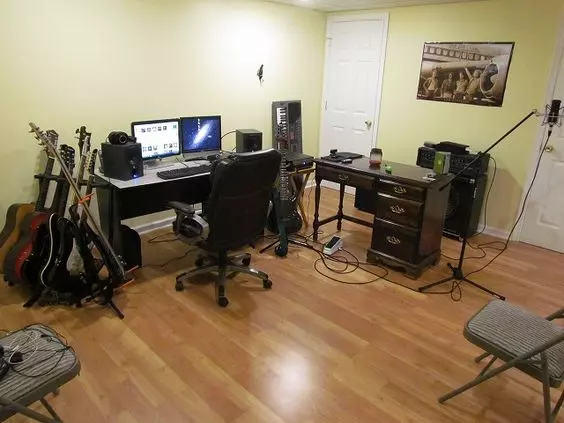 Home Recording Studio - One Computer Monitor, White Room Color, Black Desk Color, Guitar
