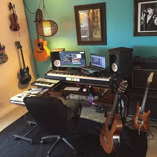Home Recording Studio - Two Computer Monitors, Blue Room Color, Black Desk Color, Keyboard, Guitar