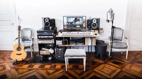 Home Recording Studio - One Computer Monitor, White Room Color, Tan Desk Color, Keyboard