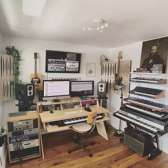 Home Recording Studio - Two Computer Monitors, White Room Color, Tan Desk Color, Keyboard, Guitar