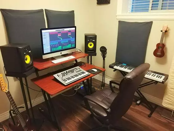 Home Recording Studio - One Computer Monitor, White Room Color, Brown Desk Color, Keyboard