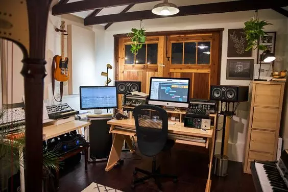 Home Recording Studio - Two Computer Monitors, White Room Color, Tan Desk Color, Keyboard, Guitar