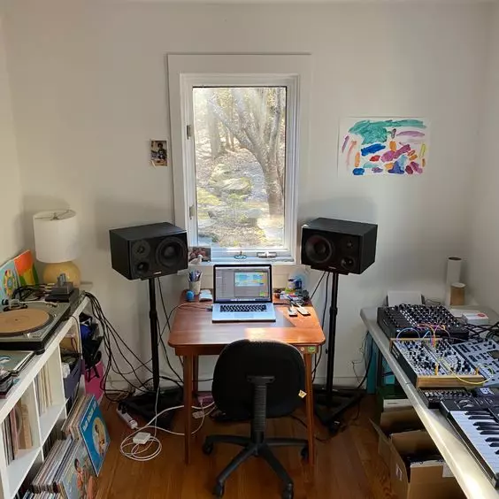 Home Recording Studio - One Computer Monitor, White Room Color, Brown Desk Color, Keyboard