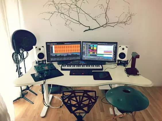 Home Recording Studio - Two Computer Monitors, White Room Color, White Desk Color, Keyboard