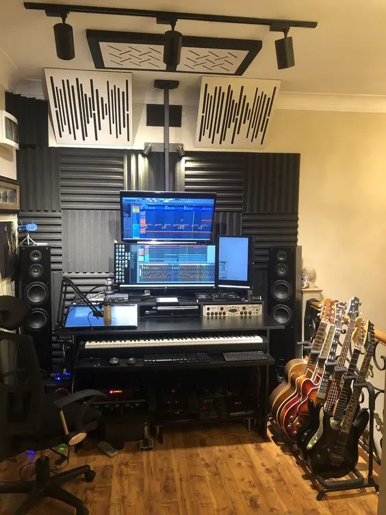 Home Recording Studio - Three Computer Monitors, White Room Color, White Desk Color, Keyboard, Guitar