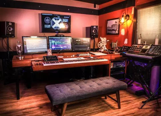 Home Recording Studio - Three Computer Monitors, Red Room Color, Brown Desk Color, Keyboard