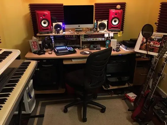 Home Recording Studio - One Computer Monitor, Yellow Room Color, Tan Desk Color, Keyboard