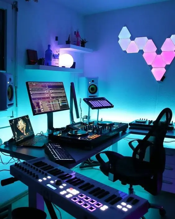 Home Recording Studio - Two Computer Monitors, White Room Color, Black Desk Color, Keyboard