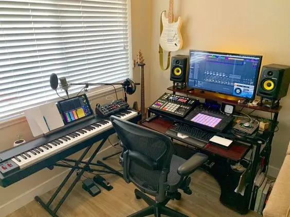 Home Recording Studio - One Computer Monitor, White Room Color, Brown Desk Color, Keyboard, Guitar