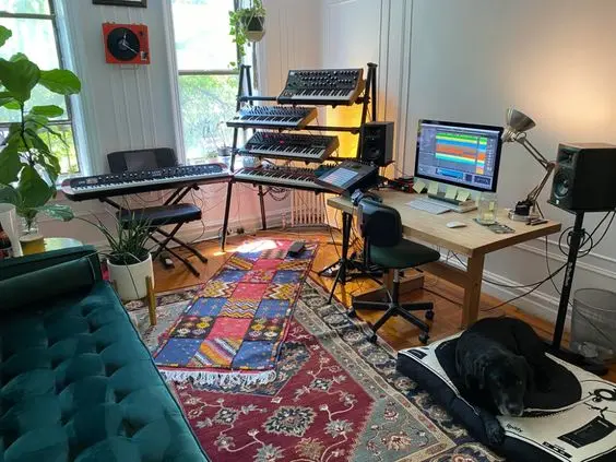 Home Recording Studio - One Computer Monitor, White Room Color, Tan Desk Color, Keyboard