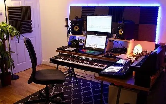 Home Recording Studio - Two Computer Monitors, White Room Color, Brown Desk Color, Keyboard