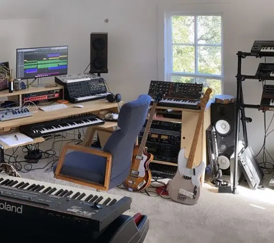 Home Recording Studio - One Computer Monitor, White Room Color, Tan Desk Color, Keyboard, Guitar