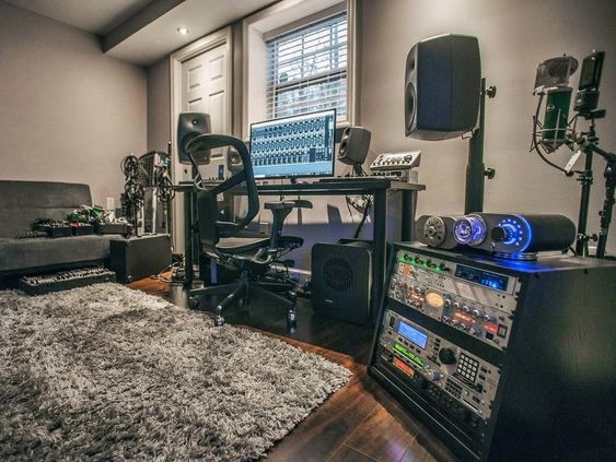 Home Recording Studio - One Computer Monitor, White Room Color, Black Desk Color, No Instruments