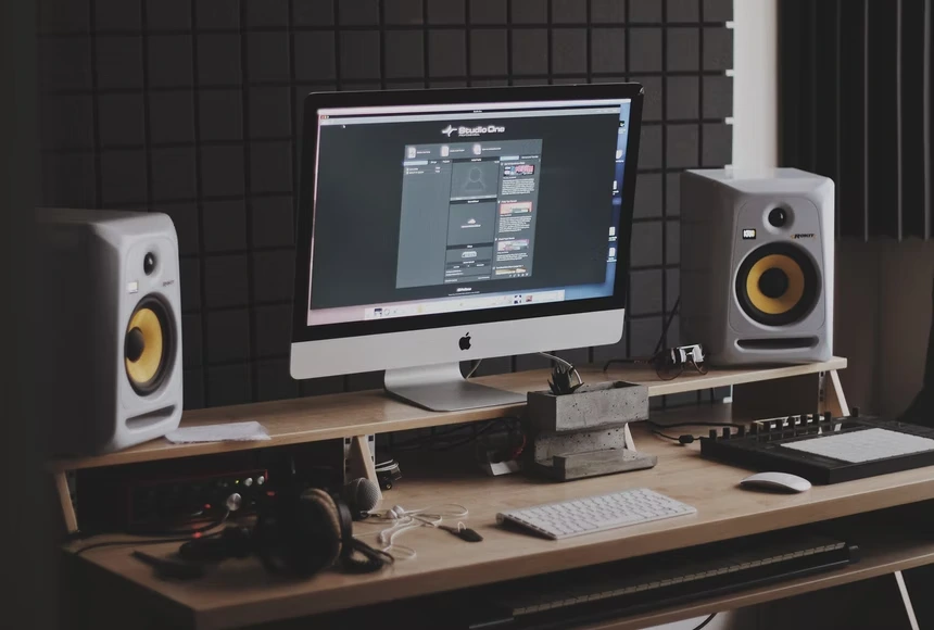 Home Recording Studio - One Computer Monitor, Black Room Color, Black Desk Color, MIDI Pad