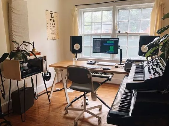 Home Recording Studio - One Computer Monitor, White Room Color, Tan Desk Color, Keyboard