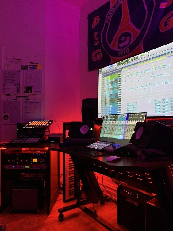 Home Recording Studio - Two Computer Monitors, White Room Color, Black Desk Color, Keyboard, MIDI Pad