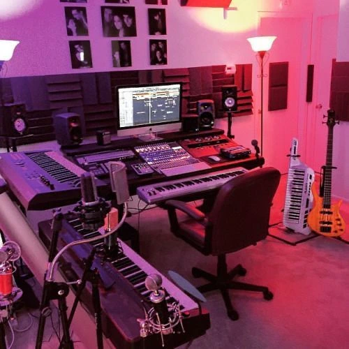 Home Recording Studio - One Computer Monitor, White Room Color, Black Desk Color, Keyboard, Guitar