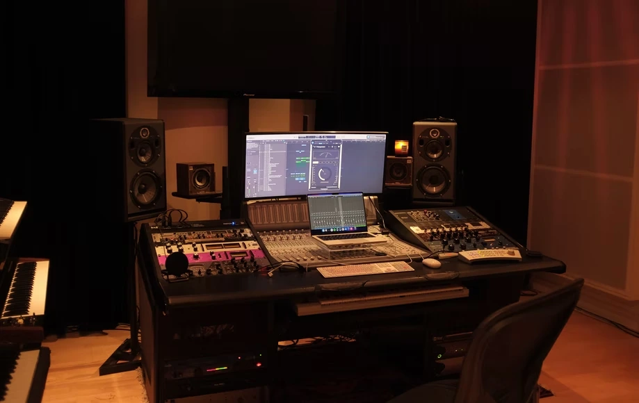 Home Recording Studio - Two Computer Monitors, Black Room Color, Black Desk Color, Keyboard