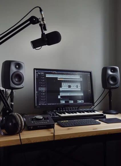 Home Recording Studio - One Computer Monitor, White Room Color, Tan Desk Color, Keyboard