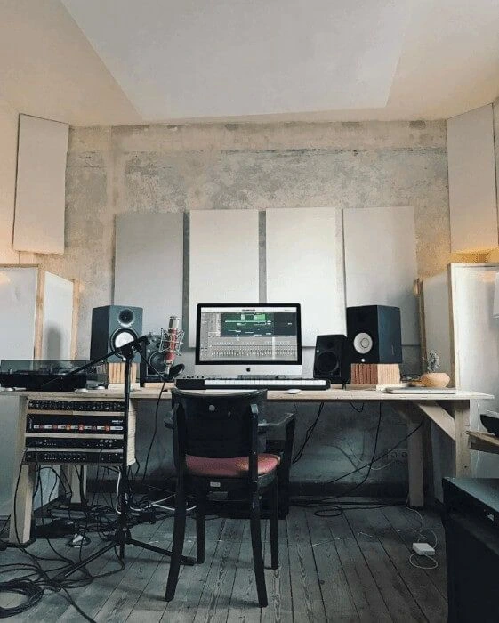 Home Recording Studio - One Computer Monitor, White Room Color, White Desk Color, Keyboard