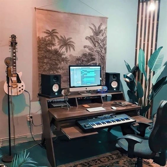Home Recording Studio - One Computer Monitor, White Room Color, Brown Desk Color, Keyboard, Guitar
