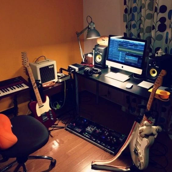 Home Recording Studio - One Computer Monitor, Orange Room Color, Black Desk Color, Keyboard, Guitar