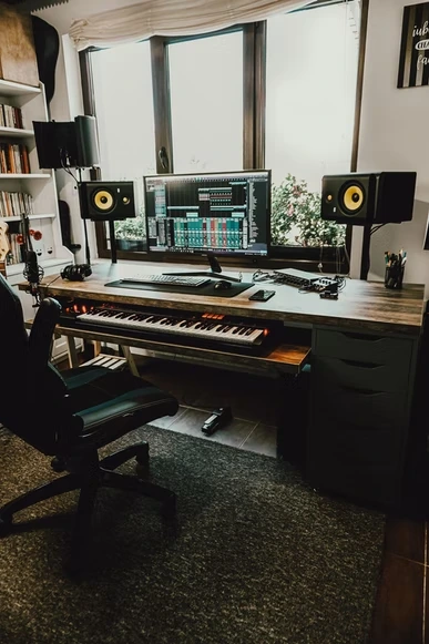 Home Recording Studio - One Computer Monitor, White Room Color, Brown Desk Color, Keyboard