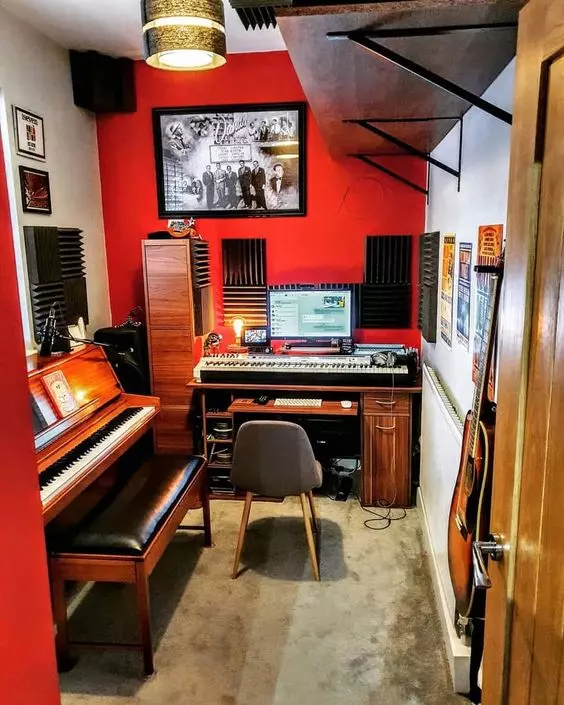 Home Recording Studio - One Computer Monitor, Red Room Color, Brown Desk Color, Keyboard, Guitar