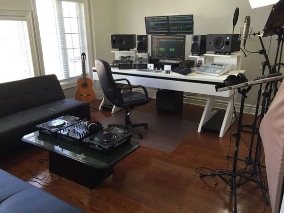Home Recording Studio - One Computer Monitor, White Room Color, White Desk Color, Guitar, MIDI Pad