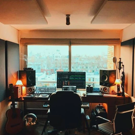 Home Recording Studio - One Computer Monitor, White Room Color, Brown Desk Color, MIDI Pad