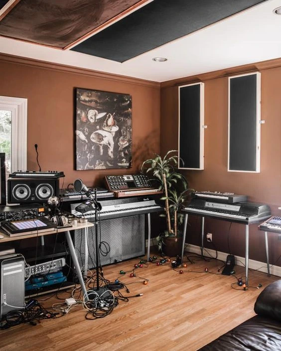 Home Recording Studio - No Computer Monitor, Brown Room Color, Brown Desk Color, Keyboard, MIDI Pad