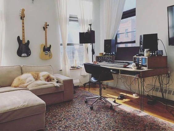 Home Recording Studio - One Computer Monitor, White Room Color, Brown Desk Color, Keyboard, Guitar