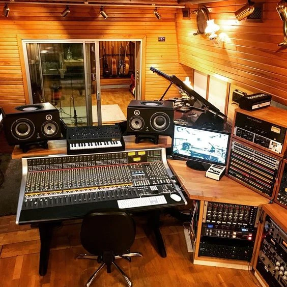 Home Recording Studio - One Computer Monitor, Tan Room Color, Tan Desk Color, Keyboard