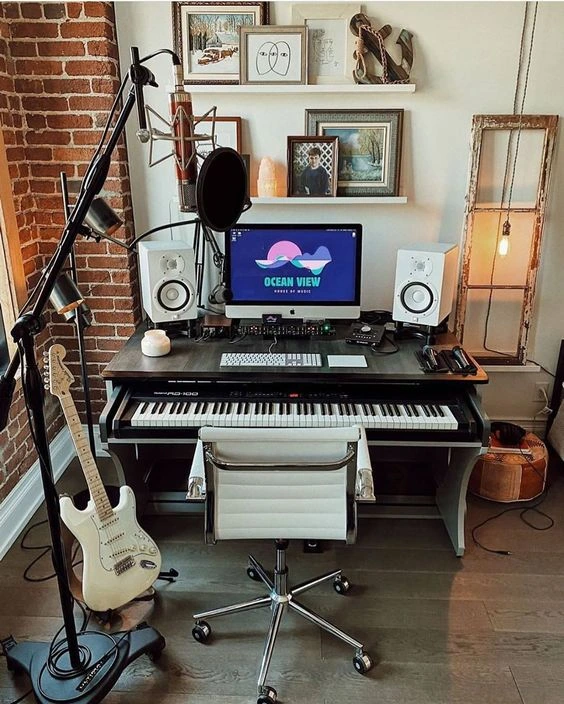 Home Recording Studio - One Computer Monitor, White Room Color, Black Desk Color, Keyboard, Guitar