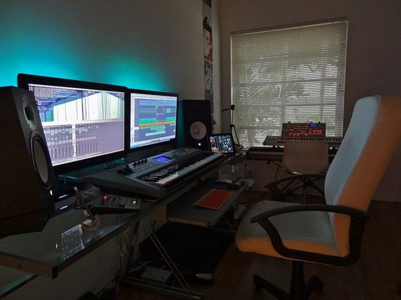 Home Recording Studio -Two Computer Monitors, White Room Color, White Desk Color, Keyboard