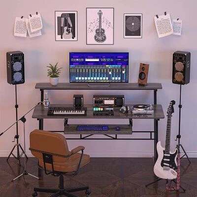 Home Recording Studio - One Computer Monitor, White Room Color, Gray Desk Color, Keyboard, Guitar