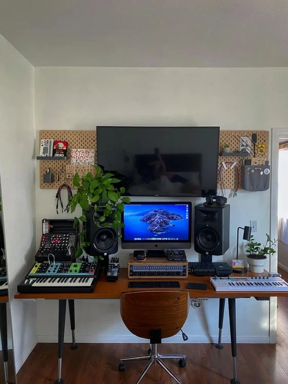 Home Recording Studio - One Computer Monitor, White Room Color, Orange Desk Color, Keyboard