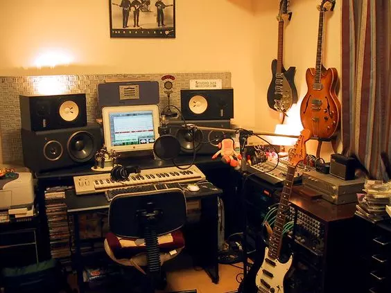 Home Recording Studio - One Computer Monitor, Tan Room Color, Black Desk Color, Keyboard, Guitar