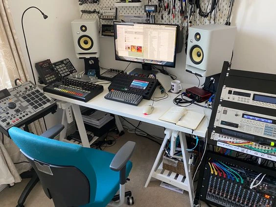 Home Recording Studio - One Computer Monitor, White Room Color, White Desk Color, MIDI Pad