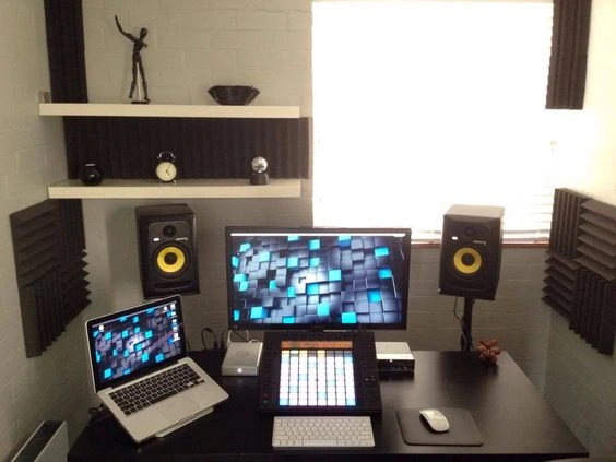 Home Recording Studio - Two Computer Monitors, White Room Color, Black Desk Color, MIDI Pad