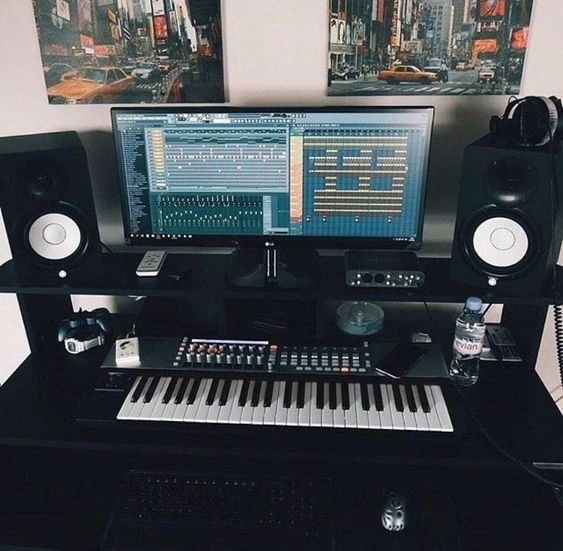 Home Recording Studio - One Computer Monitor, White Room Color, Black Desk Color, Keyboard