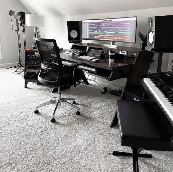 Home Recording Studio - One Computer Monitor, White Room Color, Black Desk Color, Keyboard