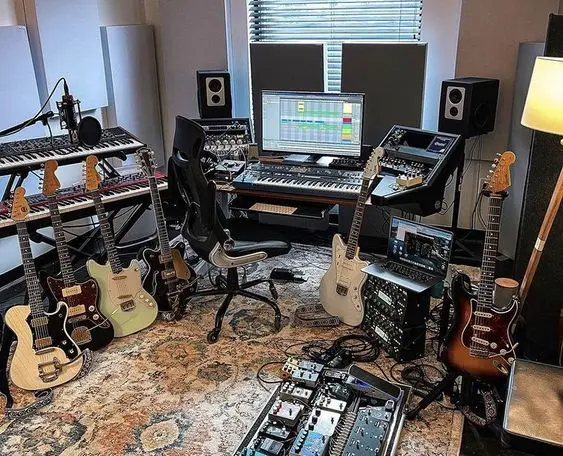 Home Recording Studio - One Computer Monitor, White Room Color, Black Desk Color, Keyboard, Guitar