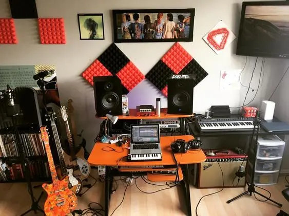 Home Recording Studio - One Computer Monitor, White Room Color, Orange Desk Color, Keyboard, Guitar