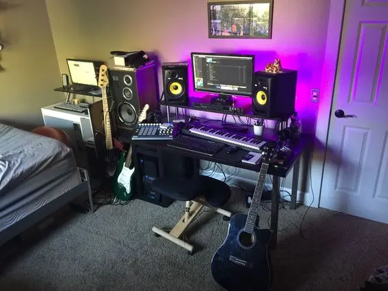 Home Recording Studio - One Computer Monitor, White Room Color, Black Desk Color, Keyboard, Guitar