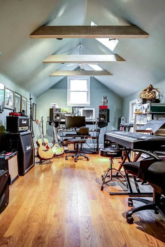 Home Recording Studio - One Computer Monitor, White Room Color, Black Desk Color, Keyboard, Guitar