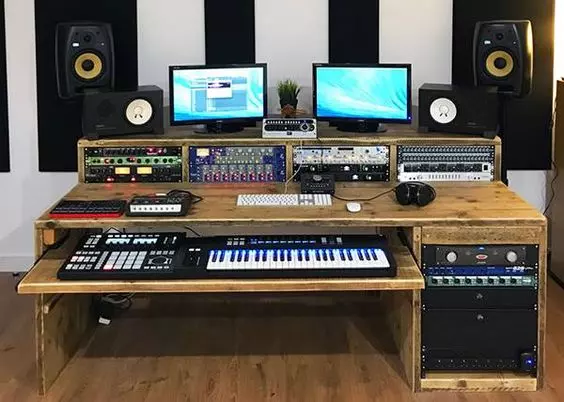 Home Recording Studio - Two Computer Monitors, Tan Room Color, Tan Desk Color, Keyboard, MIDI Pad