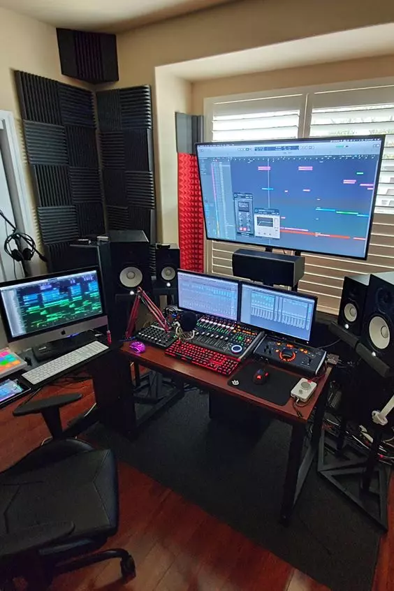 Home Recording Studio - Four Computer Monitors, White Room Color, Brown Desk Color, MIDI Pad